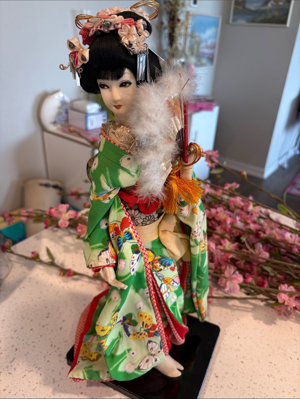 Japanese Geisha Doll in Green Kimono with Floral Motif